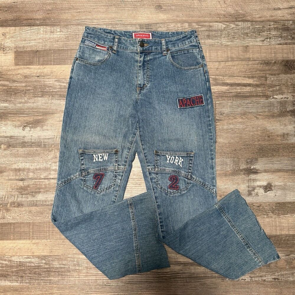 Apache Sport Vintage Embroidered Womens Stretch Blue Jeans Sz 7 Denim Flare leg